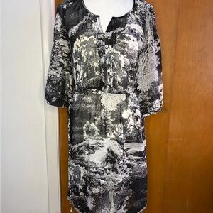Daniel Rainn Black & White Printed Dress Size S Boho Sheer Tunic w/ Pockets